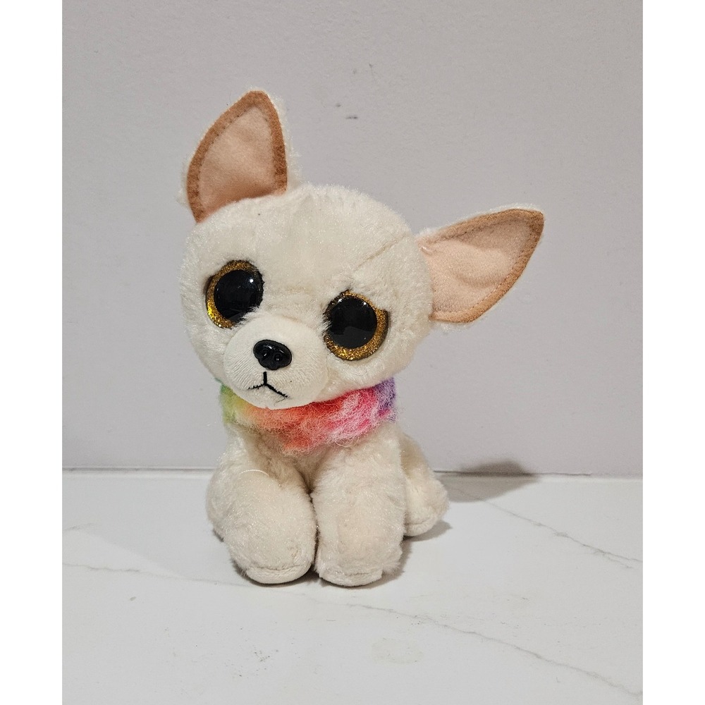 Ty Beanie Boos Chewey Chihuahua Dog Cream Rainbow Collar Gold Glitter Eyes 6in